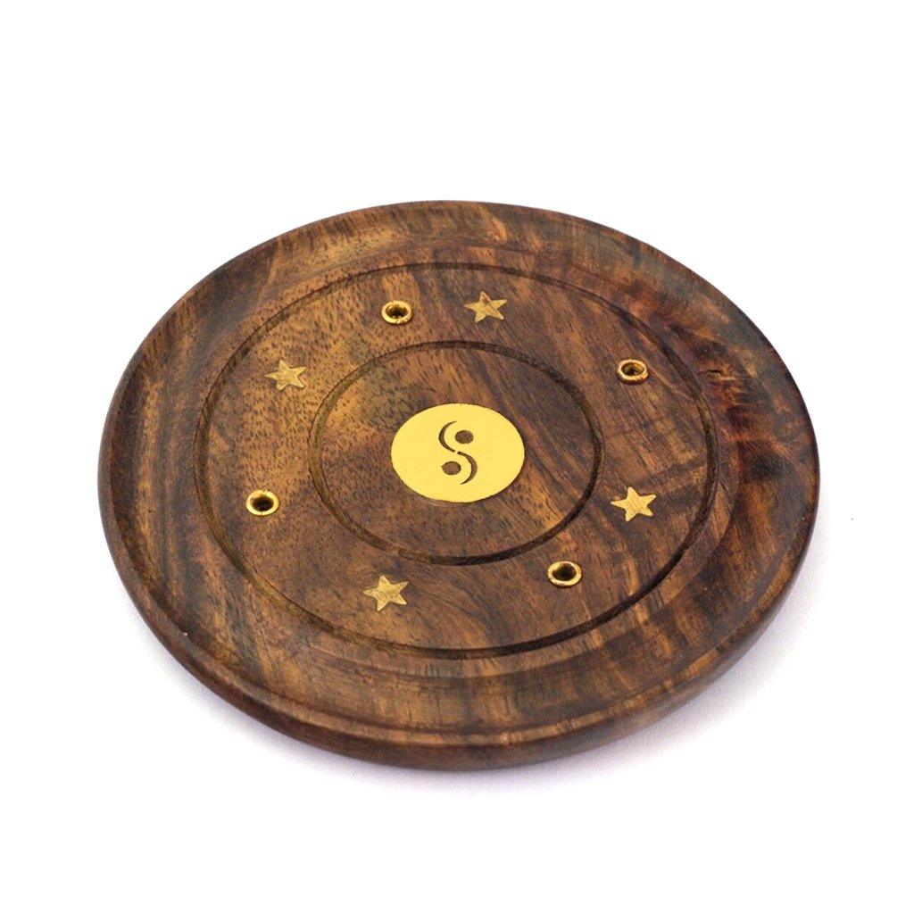 Wooden Round Incense Ash Catcher Holder with Brass Inlay - Image 2
