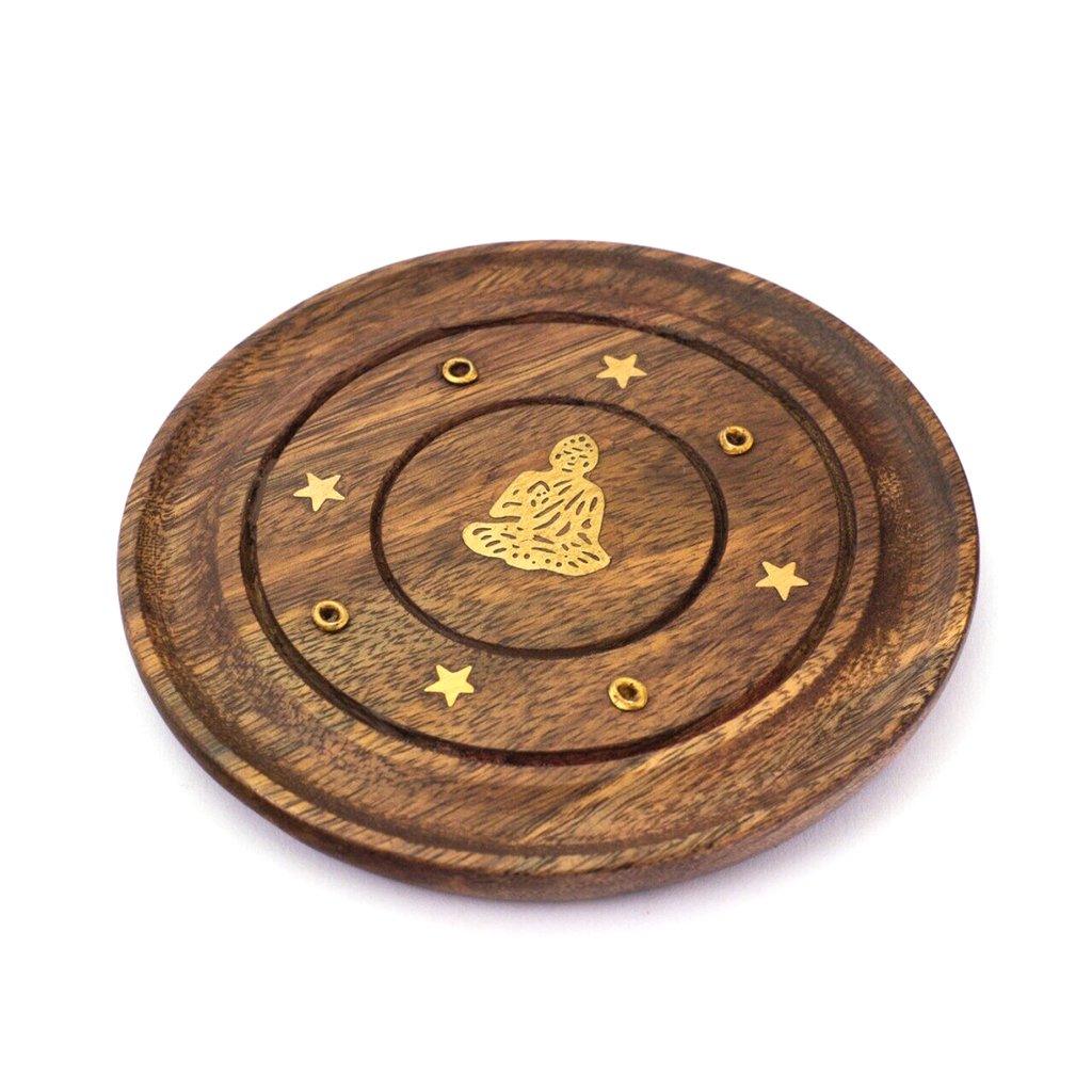 Wooden Round Incense Ash Catcher Holder with Brass Inlay - Image 3