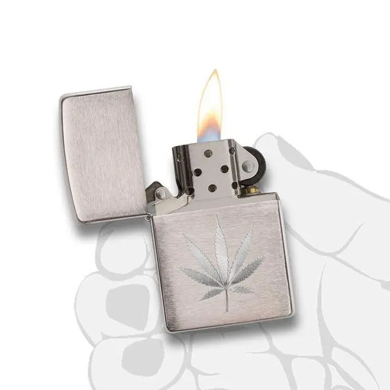 Zippo Marijuana Leaf Design Brushed Chrome Lighter - Image 6